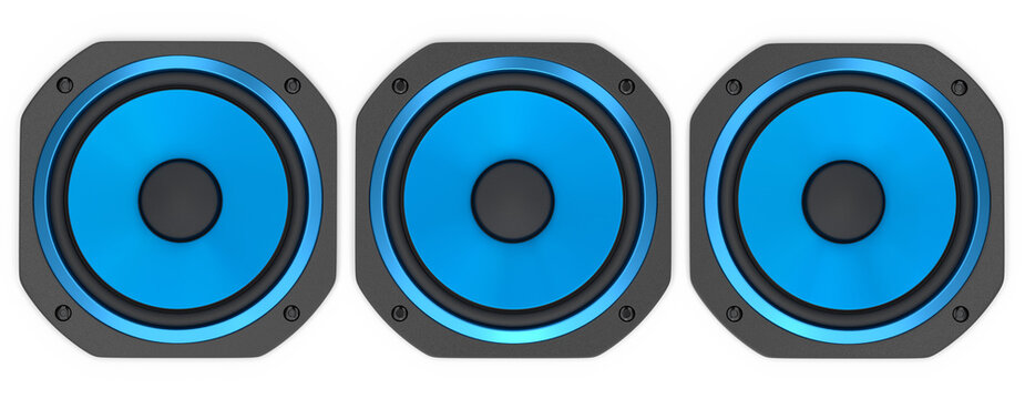 Hi-fi speakers with loudspeakers for sound recording studio on white background.