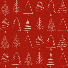 CHRISTMAS VECTOR PATTERN. Minimal xmas tress pattern with red background. Christmas templates. Print design with repeating trees.