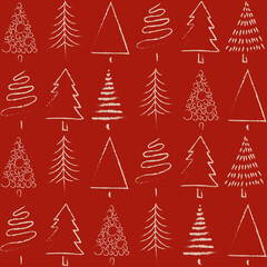 CHRISTMAS PATTERN. Minimal xmas tress pattern with red background. Christmas templates. Print design with repeating trees.