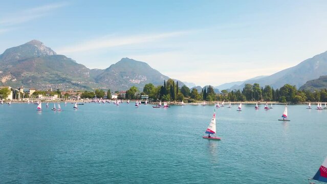 Optimist dinghies sailing on Lake Garda 4K stock video