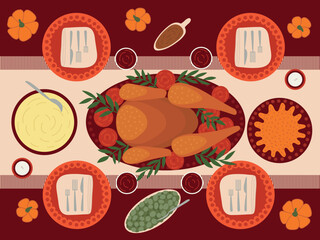 Thanksgiving turkey and another dishes vector flat style table illustration. Thanksgiving menu table top view dishes. Turkey, mashed potatoes, beans and pumpkin pie