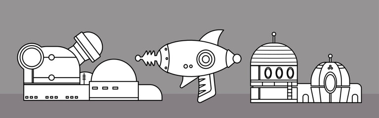 a set of futuristic space icons. black and white line flat graphics. Sci-fi weapons, observatory, planetary station. science fiction, science, exploration of the universe. casual graphics for a mobile