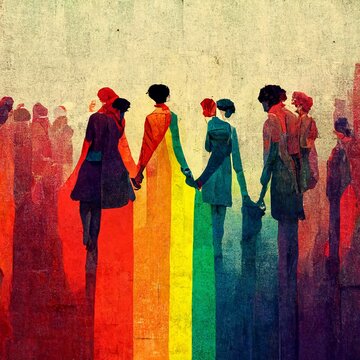 Abstract LGBTQ+ illustration, people holding hands, gathering together with gaypride colors, diverity, inclusion, love, gender, homosexuality.Painting, concept art, illustration, wallpaper