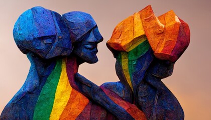 Abstract face sculptures made of LGBTQ+ colors, diversity and inclusion art, carved in stone. Photo realistic, concept art, background, illustration - obrazy, fototapety, plakaty