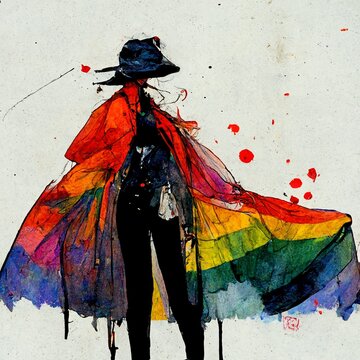 Water painting, a woman wearing a LGBTQ+ color coat, fashion sketch. Painting, concept art, illustration, wallpaper