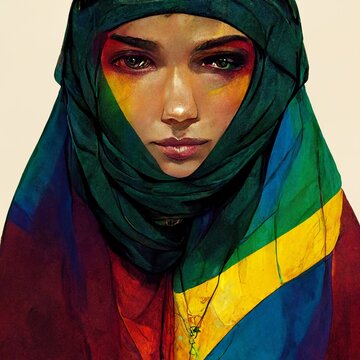 Abstract women illustration wearing a hijab colored with LGBTQ+ rainbow, diversity, inclusion, respect, love. Painting, concept art, illustration, wallpaper