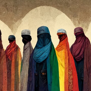 Abstract women illustration wearing a hijab colored with LGBTQ+ rainbow, diversity, inclusion, respect, love. Painting, concept art, illustration, wallpaper