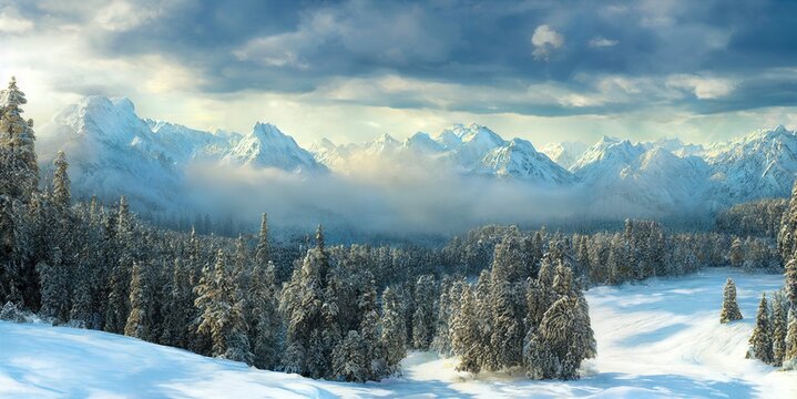Winter landscape illustration digital art background fantasy wallpaper environment nature concept cold snow weather wilderness © Styles and Curious