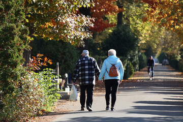 Starsi ludzie spacerują jesienną alejką na cmentarzu. 