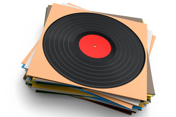 Black vinyl LP record with heap of covers isolated on white background.