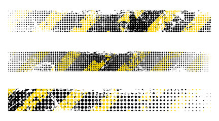 Grunge halftone signs with black and yellow diagonal lines. Warning tapes set.