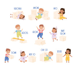 Little Children with Cardboard Box as Prepositions Demonstration Vector Set