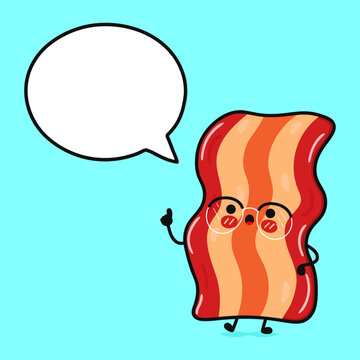 Cute funny bacon with speech bubble. Vector hand drawn cartoon kawaii character illustration icon. Isolated on blue background. Bacon character concept