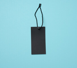 Empty black cardboard tag on a white rope, blue background.