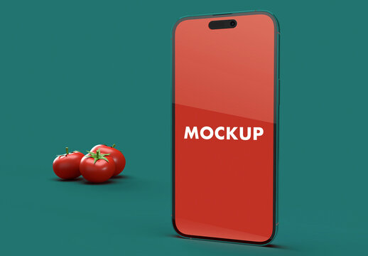 Red Phone Mockup and with Tomatoes on a Teal Color Backgroud