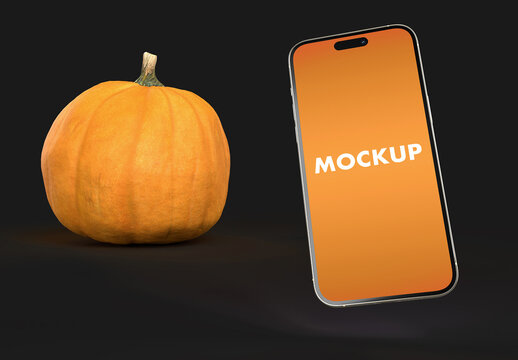 Phone Mockup and Halloween Pumpkin on a Black Background