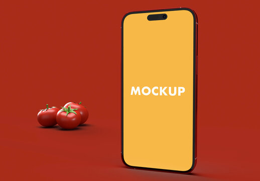 Red Phone Mockup and with Tomatoes on a Red Backgroud.Zip