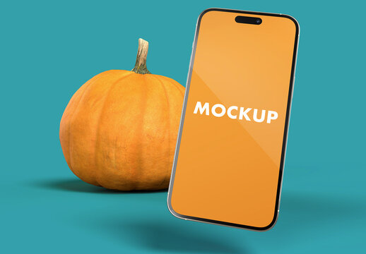 Phone Mockup and Pumpkin in an Turquoise Background