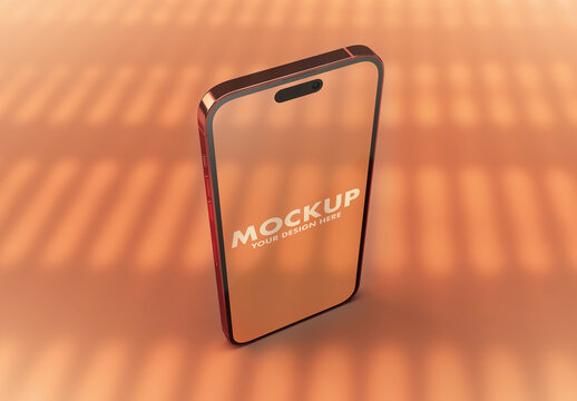 Red Phone Mockup on a Floor with Sunny Window Blinds Shadows