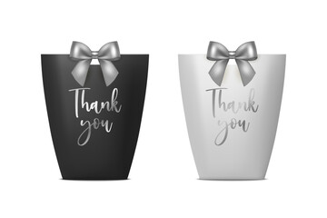 Thank You. Vector 3d Realistic Black and White Paper Gift Bag, Box for Birthday or Party with Gray Silver Bow, Ribbon. Carry Bag for Present Icon Set Isolated on White Background