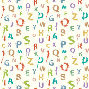 Seamless pattern with alphabet letters in form of colored paint splashes and blots. Abstract vector background with latin letters. Suitable for wallpaper, wrapping paper or fabric