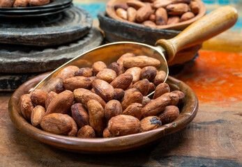 Cocoa or cacao beans, used in hot chocolate drink, chocolate, butter and solids