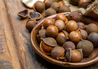 New harvest of ripe fresh Australian macadamia nuts in shell with leaves