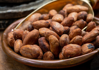 Cocoa or cacao beans, used in hot chocolate drink, chocolate, butter and solids