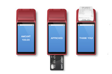 Vector 3d Realistic Red Wi-Fi Payment Machine, Credit Card, Receipt. POS Terminal Isolated. Design Template, Bank Payment Terminal, Mockup. Processing NFC Payments Device. Top View