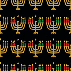 Happy Kwanzaa. Seamless pattern with kinaras. Traditional Kwanzaa symbols. Print for textile, wallpaper, covers, surface. Retro stylization. For fashion fabric. Tribal pattern