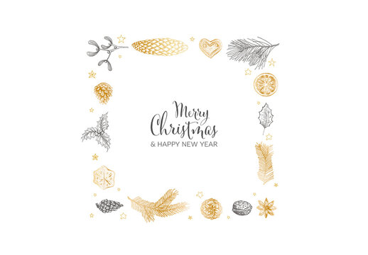 Vector Vintage Hand Drawn Christmas Card with Golden Gray Square Wreath