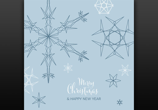 Winter Christmas Card Layout Template with Geometry Blue Snowflakes