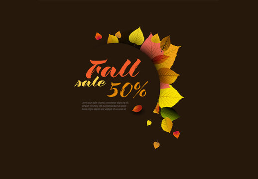 Autumn Leafs Sale Post Banner Layout Template with Circle Frame on Dark Background