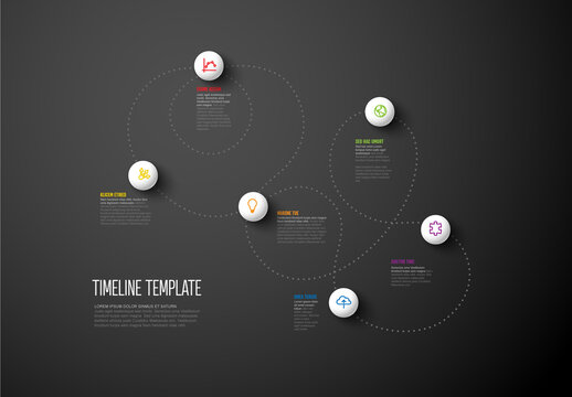 Dark Infographic Dotted Curved Timeline Template with White Sphere Elements