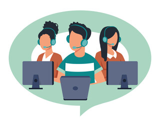 Obraz premium Vector illustration, customer service, hotline operator advises customer, online global technical support, customer and operator vector. Technician with Yes sign.