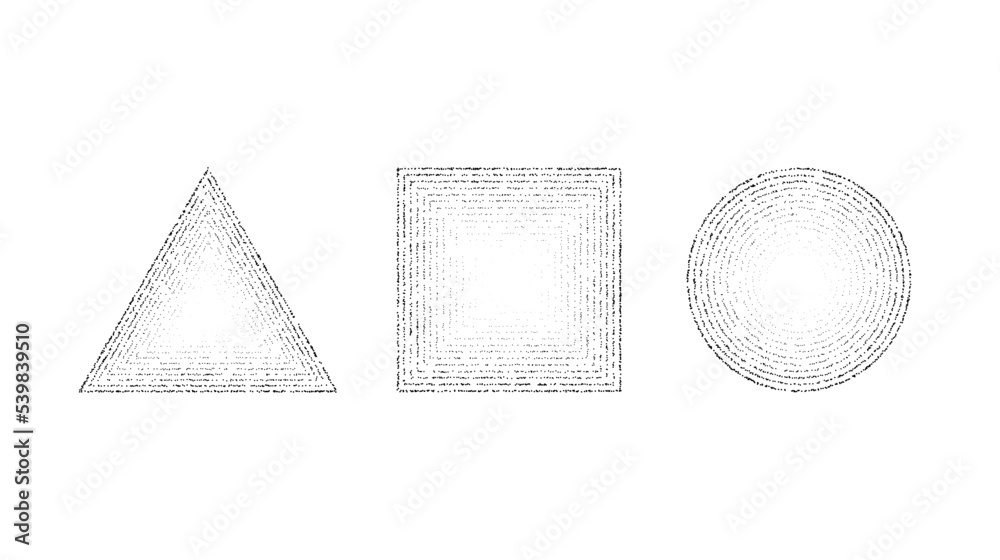 Poster Dotted grainy shapes set. Stippled square, circle and triangle with gradient. Grain noise geometric forms. Stochastic dot work collection. 