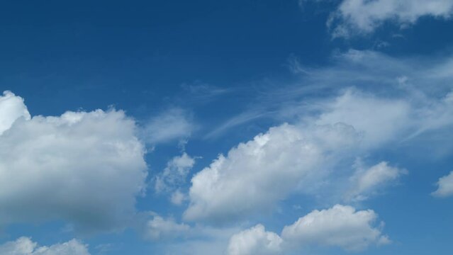 Angel wing shaped cloud cirrus and cumulus on different layers clouds against blue heaven. Cirrus clouds in blue sky. Panoramic skyscape. Timelapse.