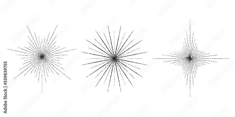 Aufkleber Dotted grain star with beams set. Black stippled ray sparkle and flare collection. Various noise textured asterisks. Different halftone dot work stellar forms and burst explosion. Vector sparks. 