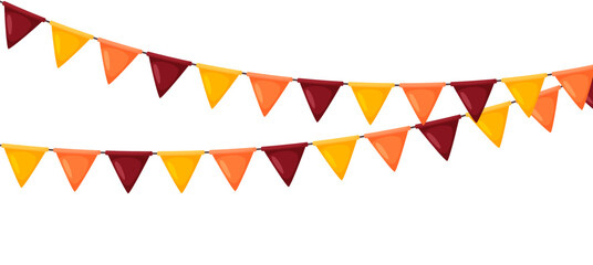 Thanksgiving bunting. Orange, red and yellow flag garland. Autumn holidays party decoration. Fall pennants chain.Celebration cartoon flags for decor. Footer and banner background