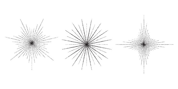 Dotted grain star with beams set. Black stippled ray sparkle and flare collection. Various noise textured asterisks. Different halftone dot work stellar forms and burst explosion. Vector sparks. 