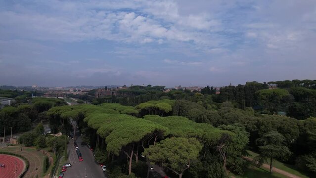 DRONE AERIAL FOOTAGE - The Circus Maximus (Circo Massimo), an ancient Roman chariot-racing stadium and the Colosseum in Rome, Italy.