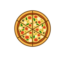 Flat vector round pizza. Fast food theme. Element for promo poster, flyer or menu of pizzeria