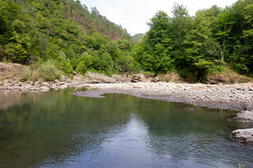 mountain river, sources in the canyon of the stone bed, panorama of the area,