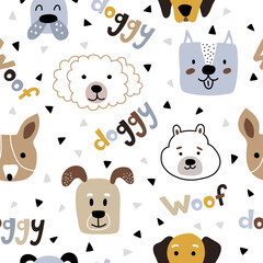 Fototapeta premium Faces of dogs with text and design elements on a white background. Seamless vector pattern with domestic pets. Kids print for wallpaper or nursery with animals