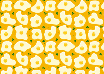 Seamless pattern of fried eggs with parsley on a yellow background. Vector illustration