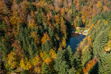 Beautiful scenic landscape with lake and picnic pavilion next to it surrounded with colorful trees in autumn