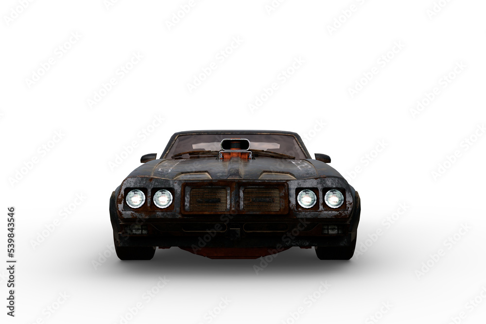 Poster front view 3d rendering of a vintage american high performance police car isolated on a transparent 