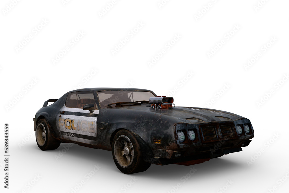 Poster 3d rendering of a vintage american high performance police car isolated on a transparent background.