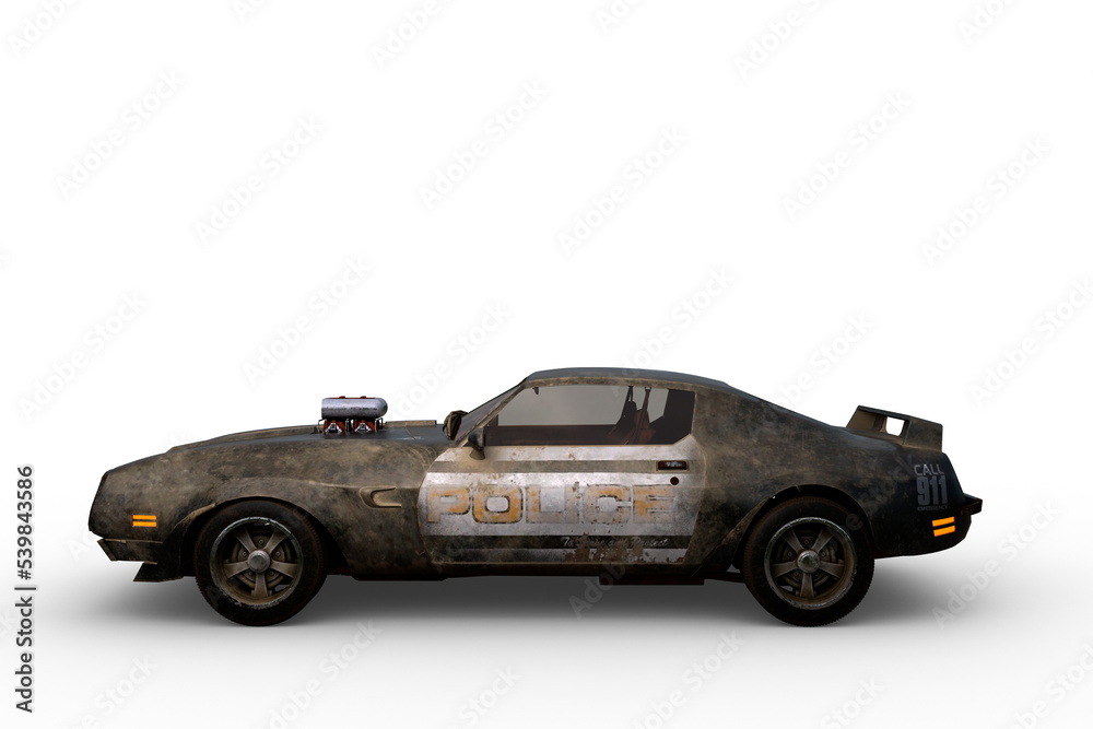 Poster side view 3d rendering of a vintage american high performance police car isolated on a transparent b