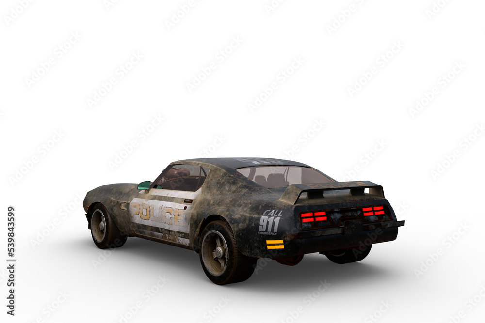 Poster rear view 3d rendering of a vintage american high performance police car isolated on a transparent b